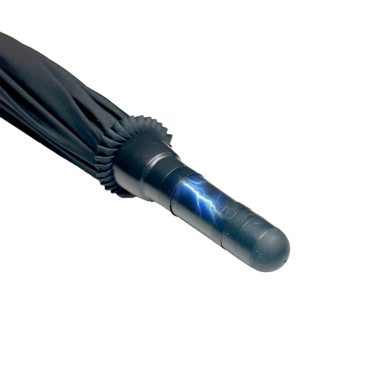 a close up view of the Streetwise Tactical Stunbrella Disguised Rechargeable Stun Gun with the end of the umbrella's stun activated.