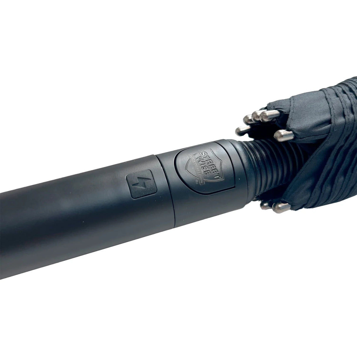 a close up view and Streetwise Tactical Stunbrella Disguised Rechargeable Stun Gun, showcasing its stun button.