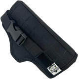 a view of a black Streetwise The Heat Heavy Duty Launcher Gun Nylon Holster, with its quick-release buckle attached.
