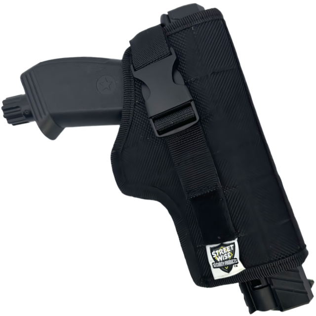 a left side view of a Streetwise The Heat Heavy Duty Launcher Gun Nylon Holster with the gun inside the holster, showcasing its adjustable retention quick-release buckle.