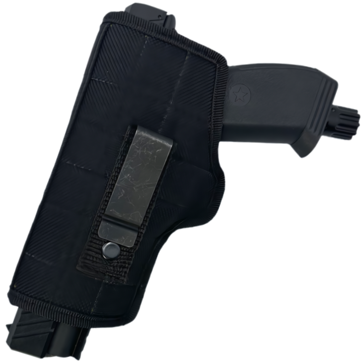 a right side view of the Streetwise The Heat Heavy Duty Launcher Gun Nylon Holster, showcasing its metal clip attached.
