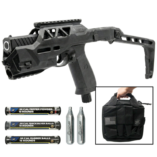 a whole entire set of the Streetwise The Heat Pepper Ball Launcher Folding Stock Deluxe Kit with accessories and bag.