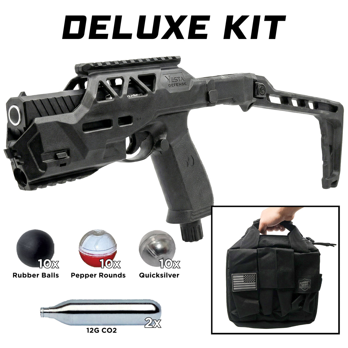 a view of the Streetwise The Heat Pepper Ball Launcher Folding Stock Deluxe Kit and the amount of ammunitions that the pepper rounds, rubber balls, and metal composite round holds, along with its tactical folding stock and pistol carry case.