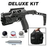 a view of the Streetwise The Heat Pepper Ball Launcher Folding Stock Deluxe Kit and the amount of ammunitions that the pepper rounds, rubber balls, and metal composite round holds, along with its tactical folding stock and pistol carry case.