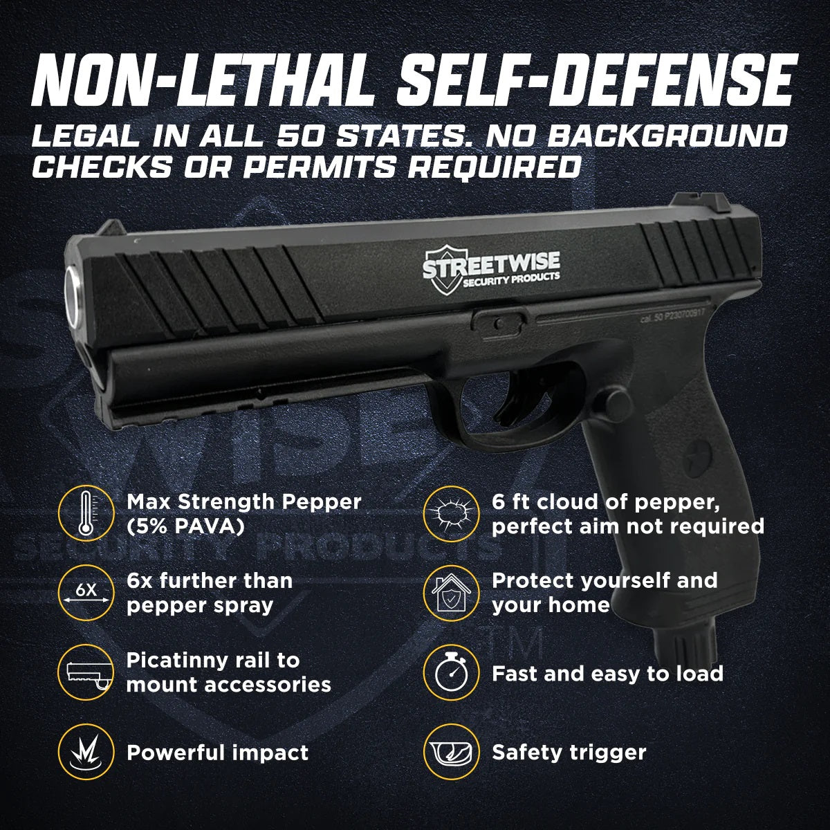 an infographic of the streetwise the heat pepper ball launcher gun, showcasing its advantages and features.