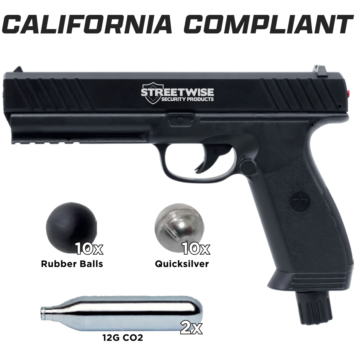 a showcase of the complete Streetwise The Heat Self-Defense Rubber Ball Launcher Gun Bundle and its California Compliant title.