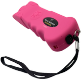 a bottom angle of a pink Streetwise™ Touchdown Rechargeable LED Stun Gun with its keychain strap and its USB charging port.