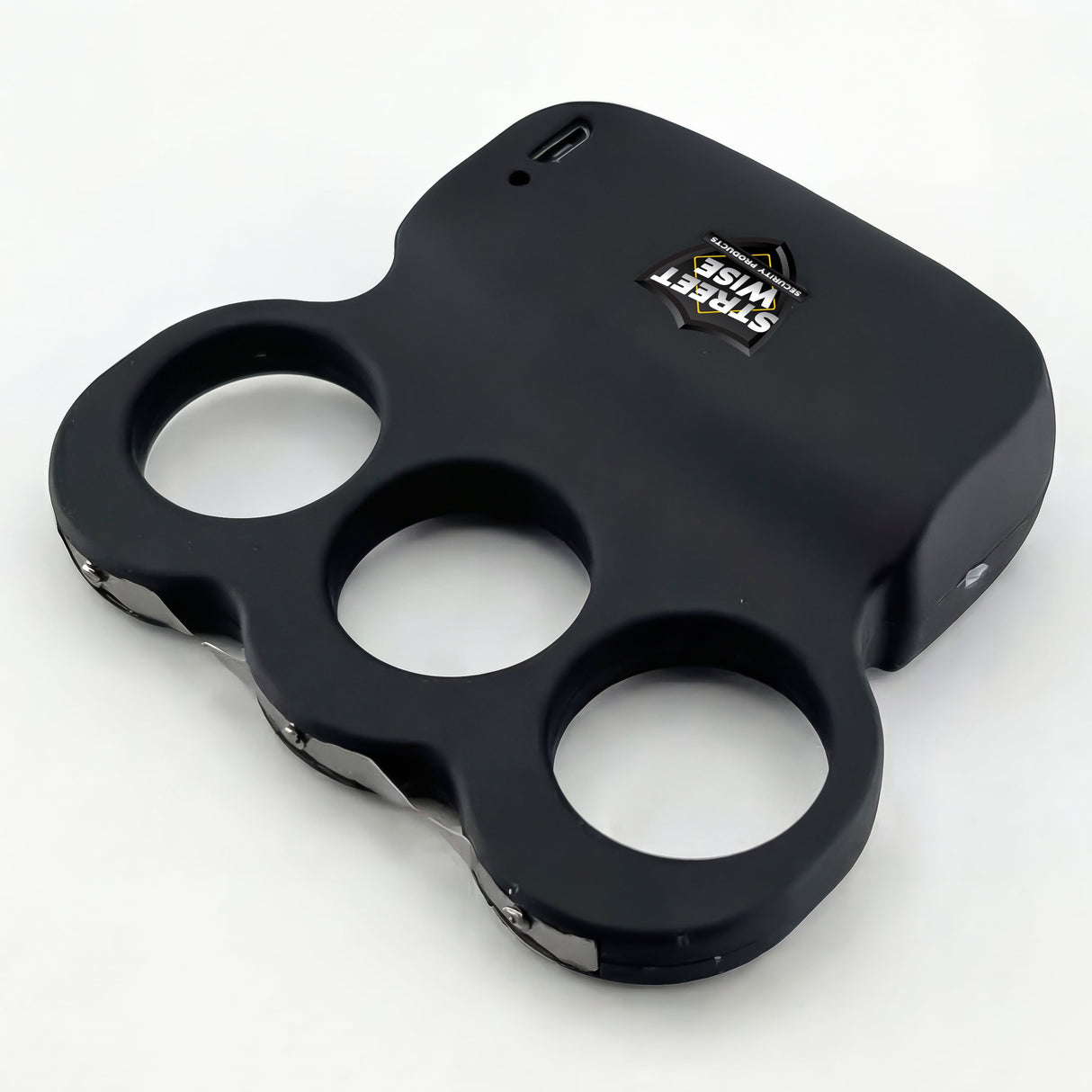 a top angle view of the Streetwise Triple Sting Ring Rechargeable Stun Gun showcasing its metal prongs.