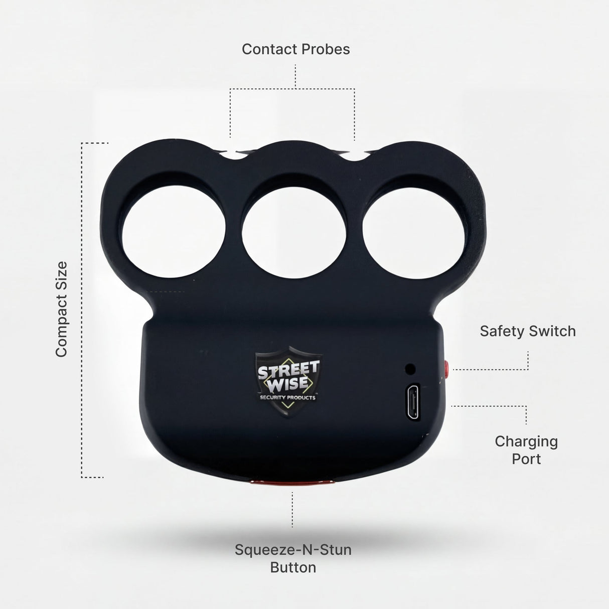 a photo of the Streetwise Triple Sting Ring Rechargeable Stun Gun 28M, showcasing the product's features.