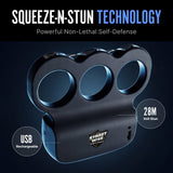 an infographic of the Streetwise Triple Sting Ring Rechargeable Stun Gun 28M, showcasing its volts and its USB port.