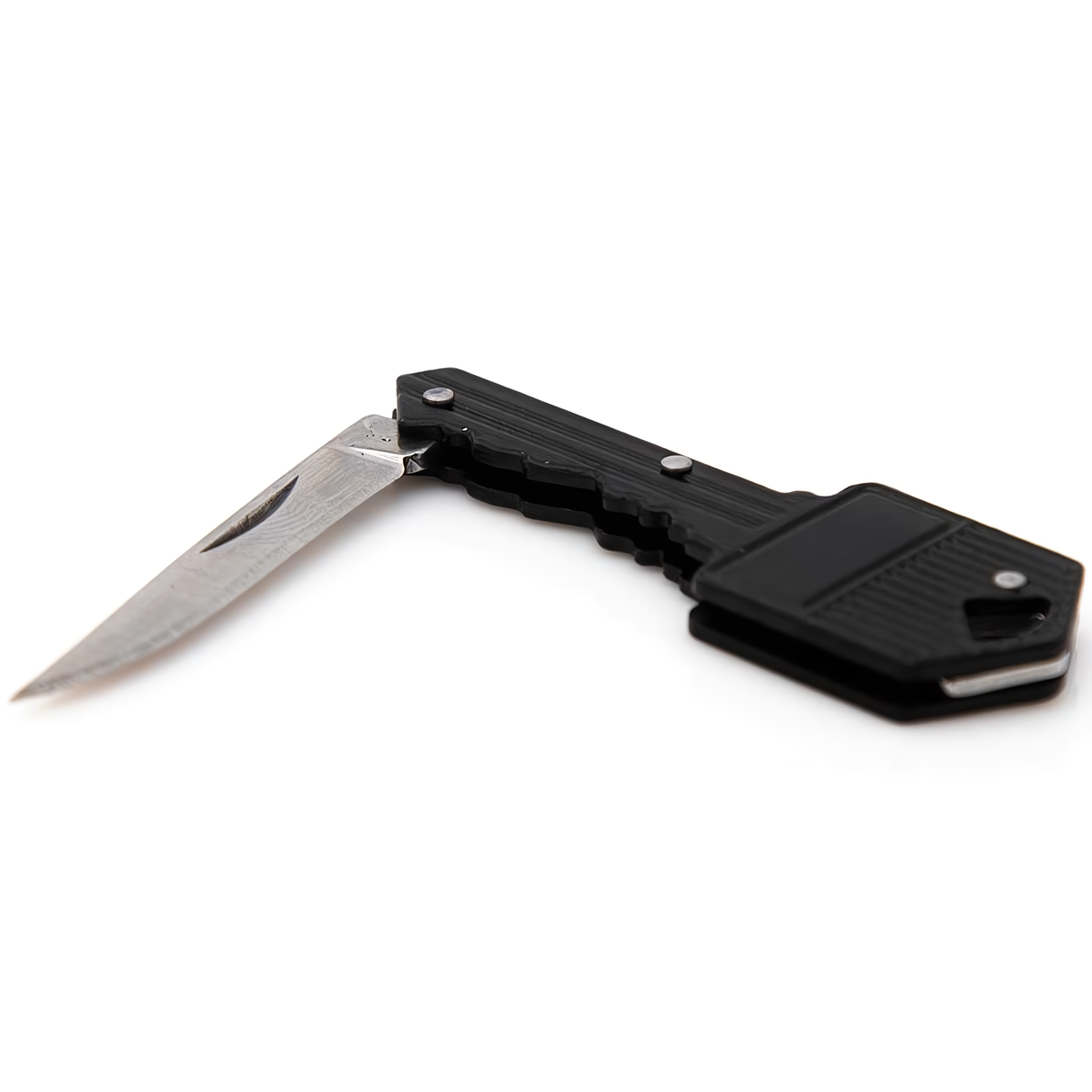 a view of the Key Knife from theStun Gun & Pepper Spray Self-Defense Keychain Weapon Set with its blade outside.