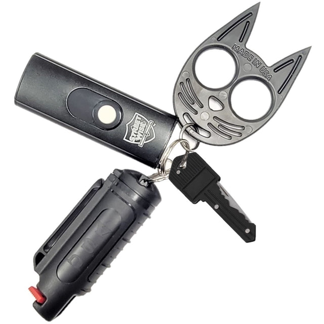 a full bundle of the Stun Gun & Pepper Spray Self-Defense Keychain Weapon Set