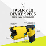 Diagram of the TASER 7 CQ Home Defense Shooting Stun Gun labeling its features, including the double-shot cartridge, LED flashlight, laser, safety switch, and battery pack