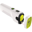 A compact white TASER Bolt 2 with yellow accents, designed for self-defense, shown with its cap off.