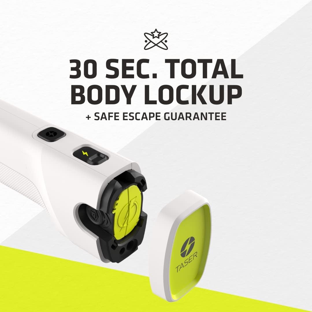 a graphic showing the white TASER Bolt 2 Self-Defense Compact Reloadable Shooting Stun Gun and its body lockup for safe escape