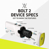 an infographic showing the key features of the white TASER Bolt 2 Self-Defense Compact Reloadable Shooting Stun Gun 