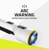 a photo showing a white TASER Strikelight 2 Rechargeable Stun Gun Flashlight and its arc warning feature