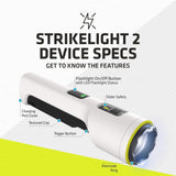 an infographic showing the key features of the white TASER Strikelight 2 Rechargeable Stun Gun Flashlight
