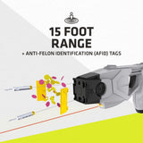 a graphic showing a TASER X1 Reloadable Shooting Stun Gun in a firing closeup, showcasing its 15 foot range when its used