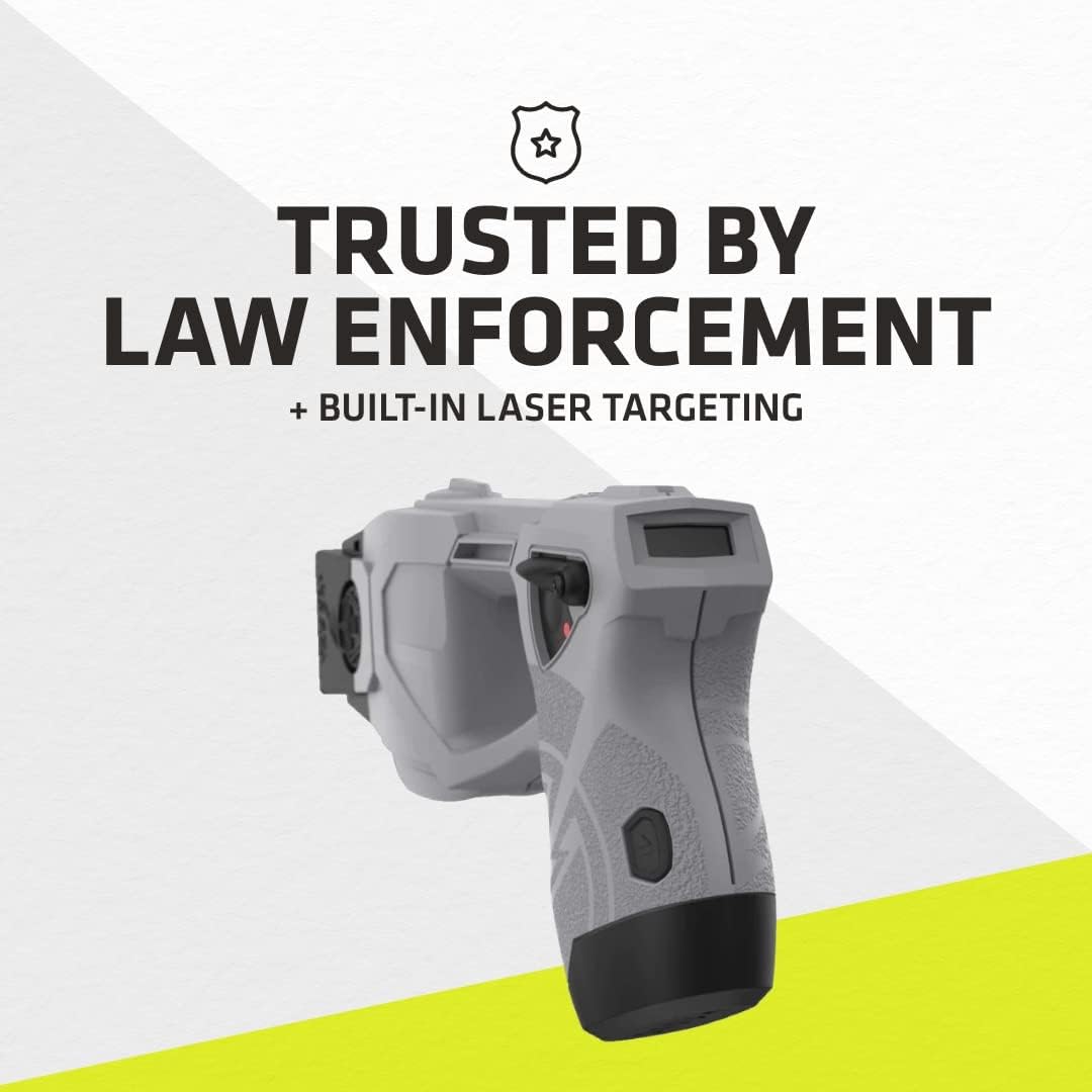 a promotional graphic showing the TASER X1 Reloadable Shooting Stun Gun qualification and trusted by law enforcement