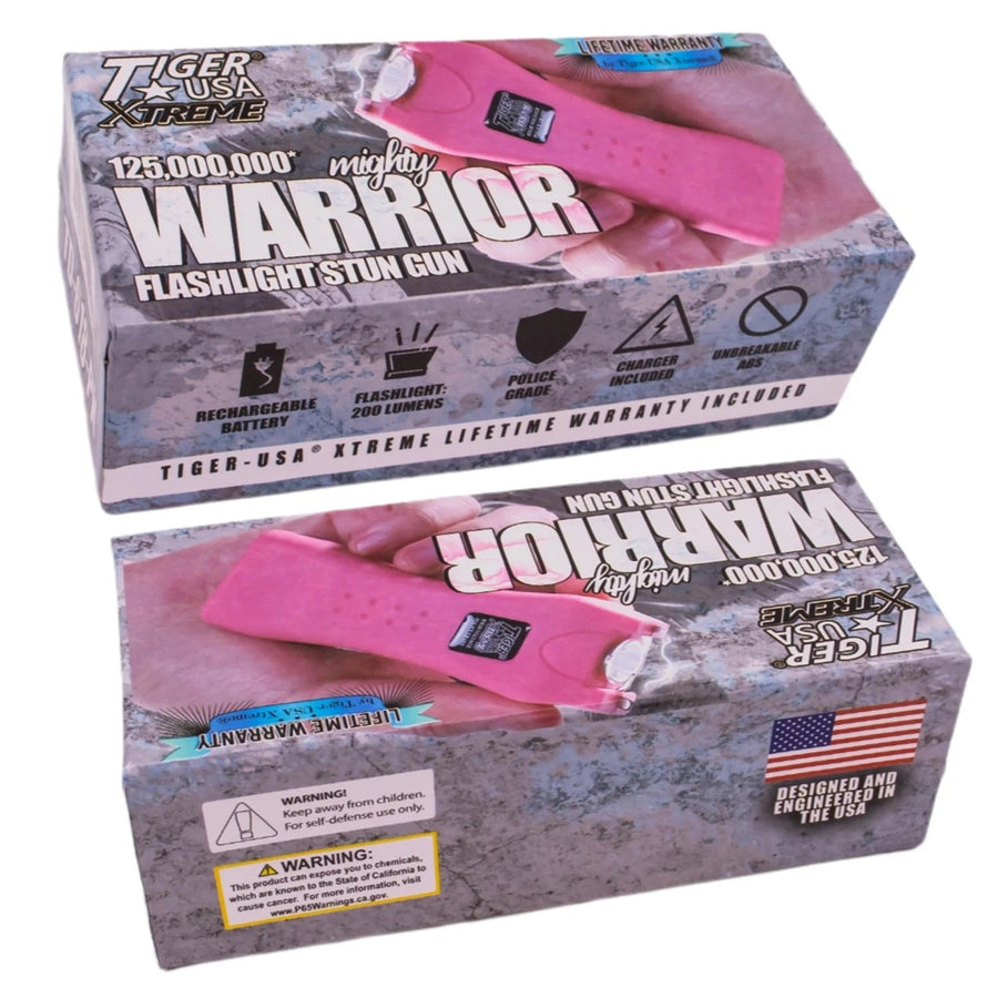 pink mighty warrior flashlight stun gun packaging
