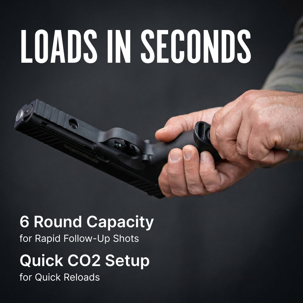 Hand holding a black firearm with text about quick reloading capabilities on a dark background