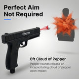 Black pepper gun with red laser and target illustration on gray background