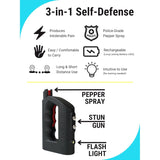a promotional graphic showing the key features of the The Stunner 3-in-1 Rechargeable LED Stun Gun Pepper Spray Jogger Combo
