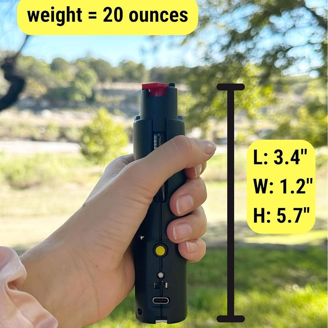 a hand holding a The Stunner 3-in-1 Rechargeable LED Stun Gun Pepper Spray Jogger Combo with description of length, weight, and height
