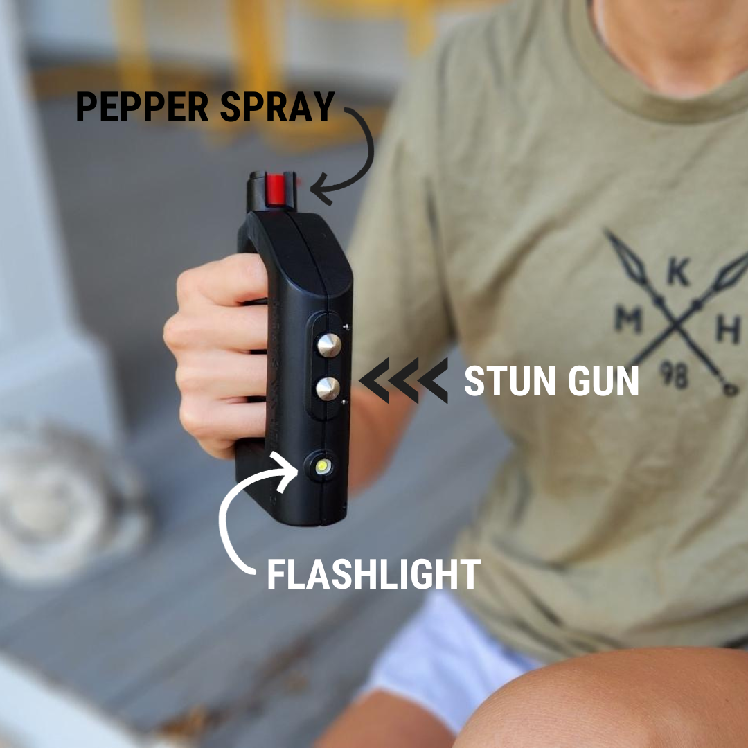 a hand holding a The Stunner 3-in-1 Rechargeable LED Stun Gun Pepper Spray Jogger Combo with key points of where the features would be placed