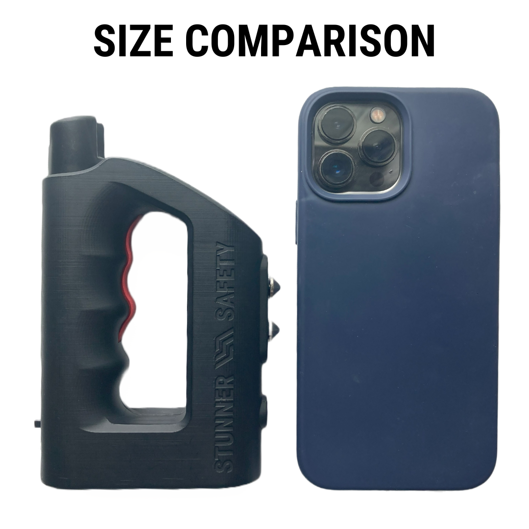 a size comparison of The Stunner 3-in-1 Rechargeable LED Stun Gun Pepper Spray Jogger Combo besides a phone