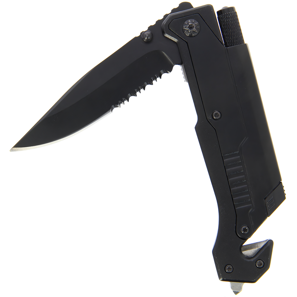 a black Tiger-USA 5-in-1 EDC Folding Survival Pocket Knife with its blade out