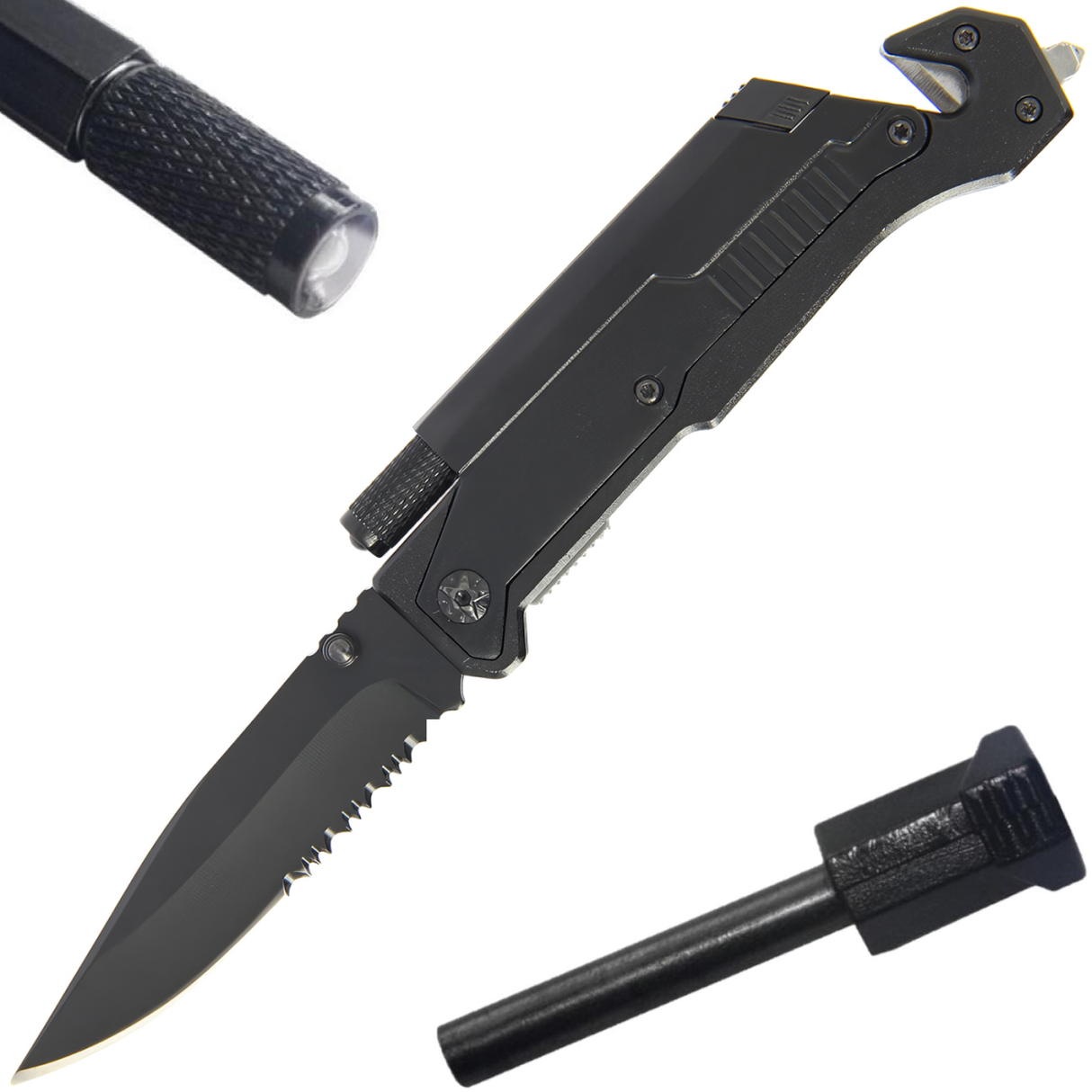 A black folding pocket knife with a seat belt cutter, glass breaker, LED light, and fire starter.