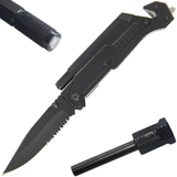 A black folding pocket knife with a seat belt cutter, glass breaker, LED light, and fire starter.
