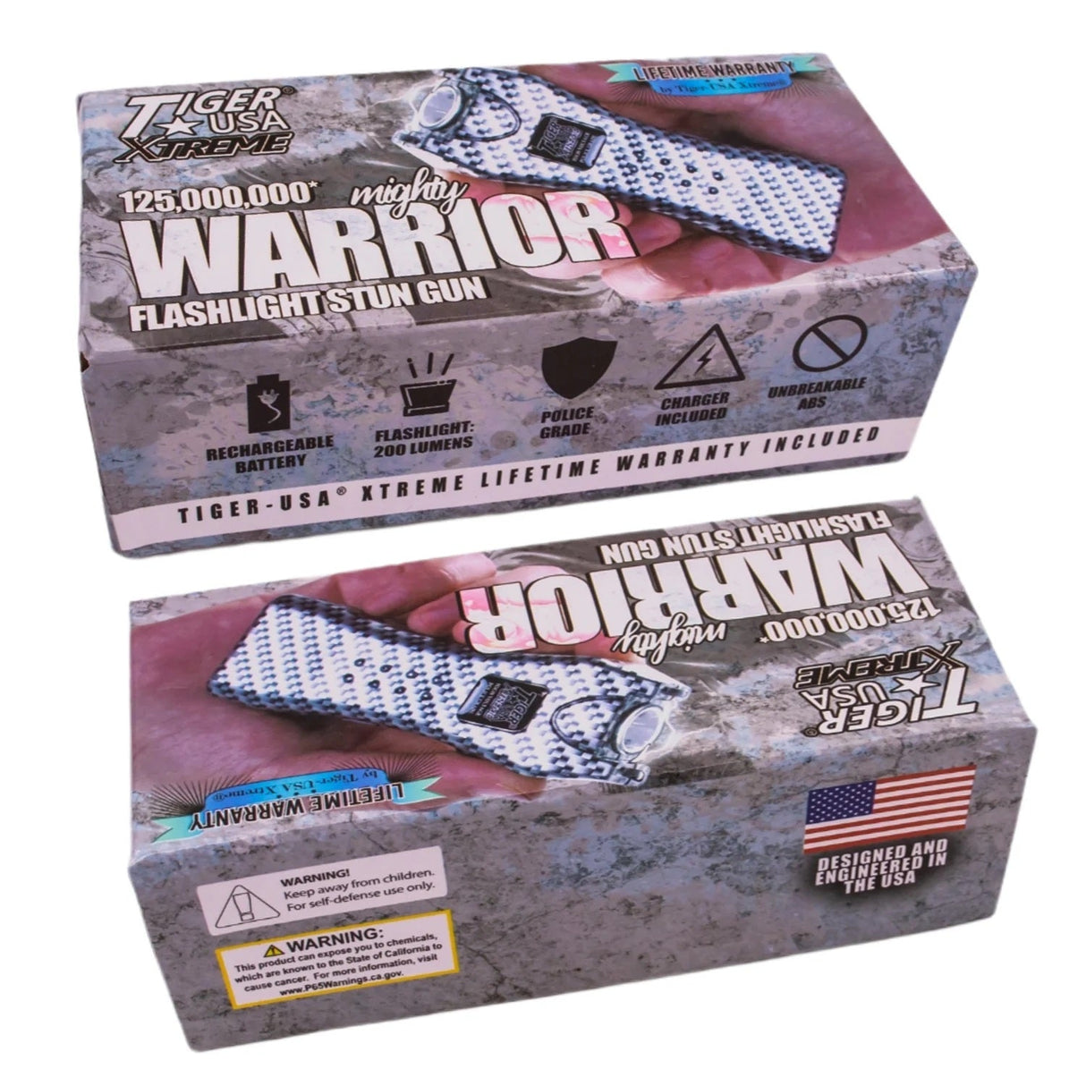 a black and white patterned Tiger-USA Xtreme® Mighty Warrior LED Stun Gun in its packaging