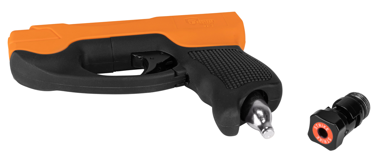 Black and orange Umarex Prepared 2 Protect HDP 50 Compact Gen 2 Self-Defense Pepper Ball Gun with a small black and red component on a white background