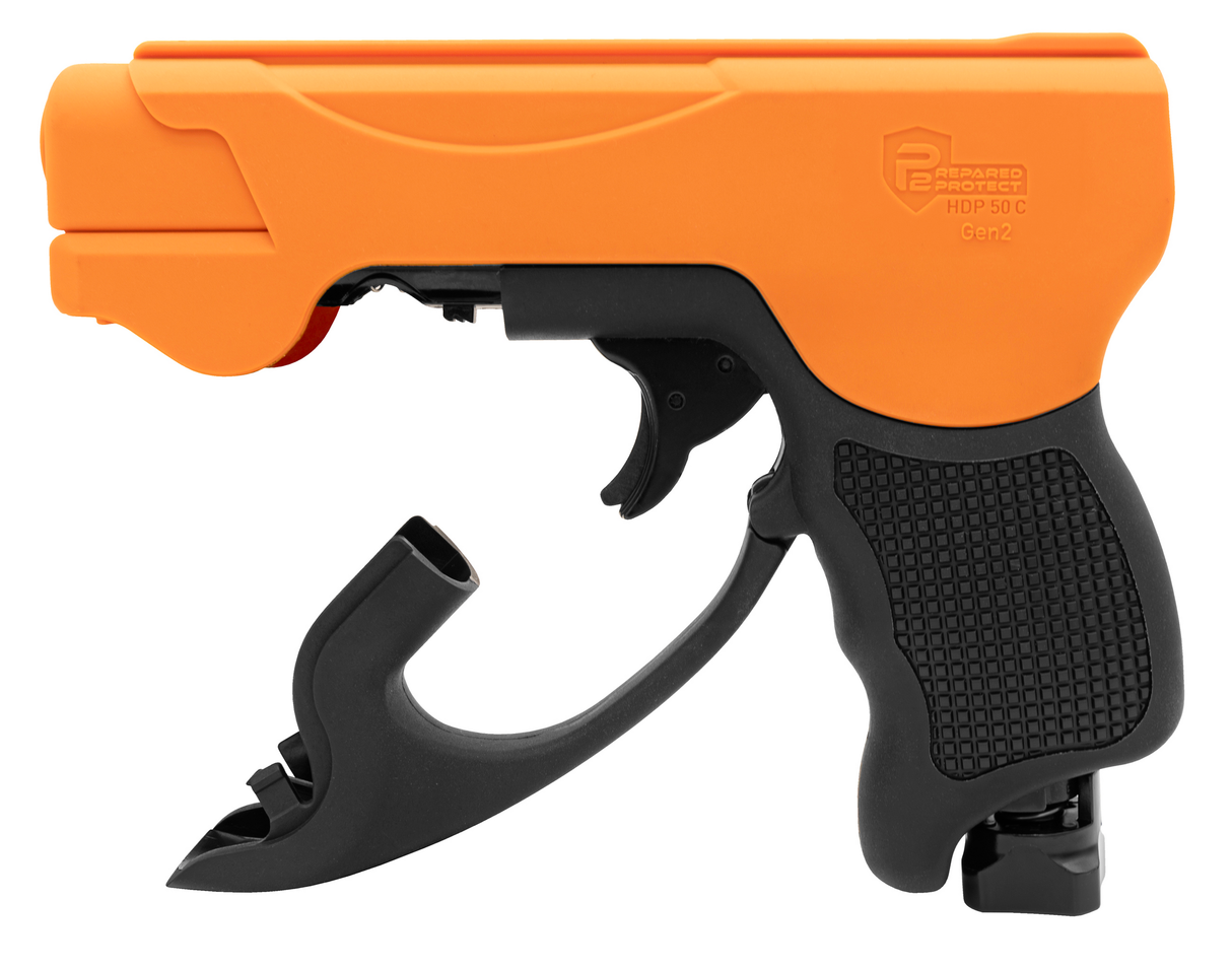 an orange and black Umarex Self-Defense Pepper Ball Gun with compact open