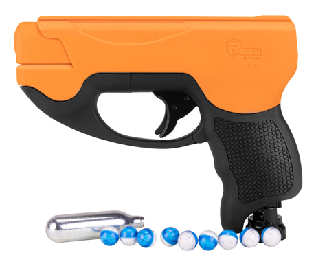 an orange and black Umarex Prepared 2 Protect HDP 50 Compact Gen 2 Self-Defense Pepper Ball Gun with its pellets