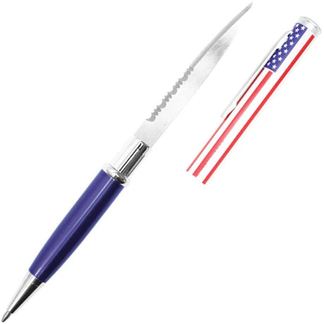 an america flag design of the WeaponTek Concealed Stainless Steel Serrated Pen Knife 2.13" with its cap off