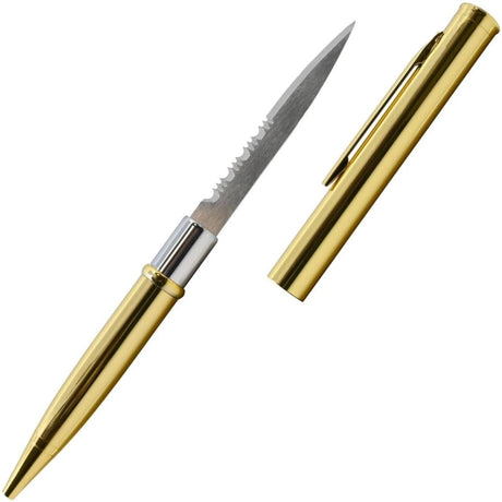 A gold-colored concealed serrated blade pen knife by WeaponTek, shown both in its closed pen form and with the cap removed to reveal the serrated blade.