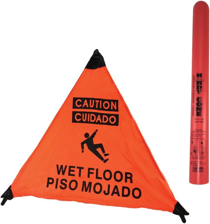Orange safety cone with 'Caution' and 'Wet Floor' text, next to a red hang tube