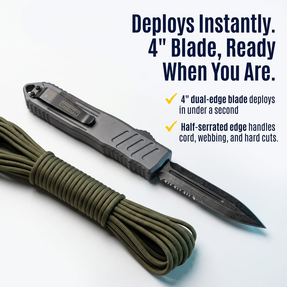 armed-force-tactical-automatic-otf-half-serrated-dagger-knife-4-grey Deploys Instantly. 4" Blade, Ready When You Are.