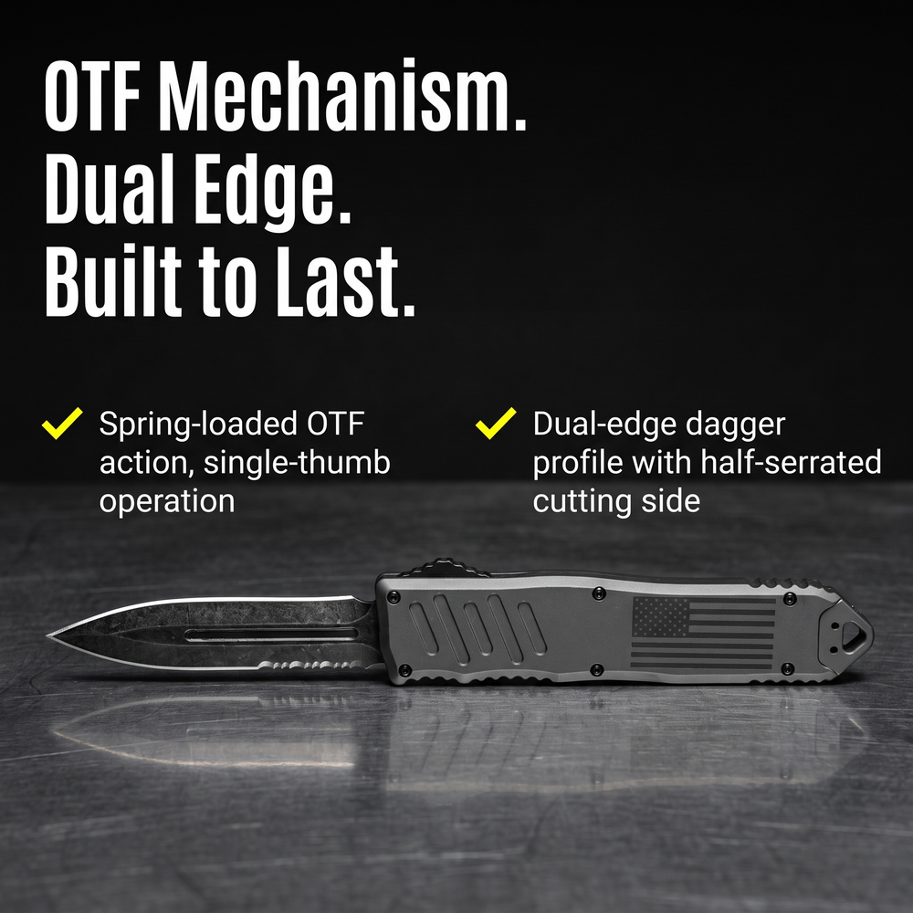 armed-force-tactical-automatic-otf-half-serrated-dagger-knife-4-grey OTF Mechanism. Dual Edge. Built to Last.