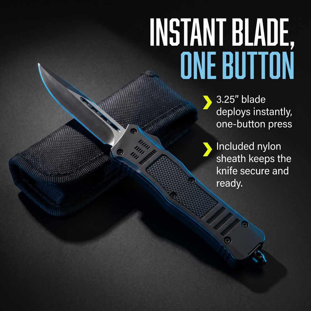 automatic-otf-steel-knife-3-25-w-glass-breaker-molle-sheath Instant Blade, One Button