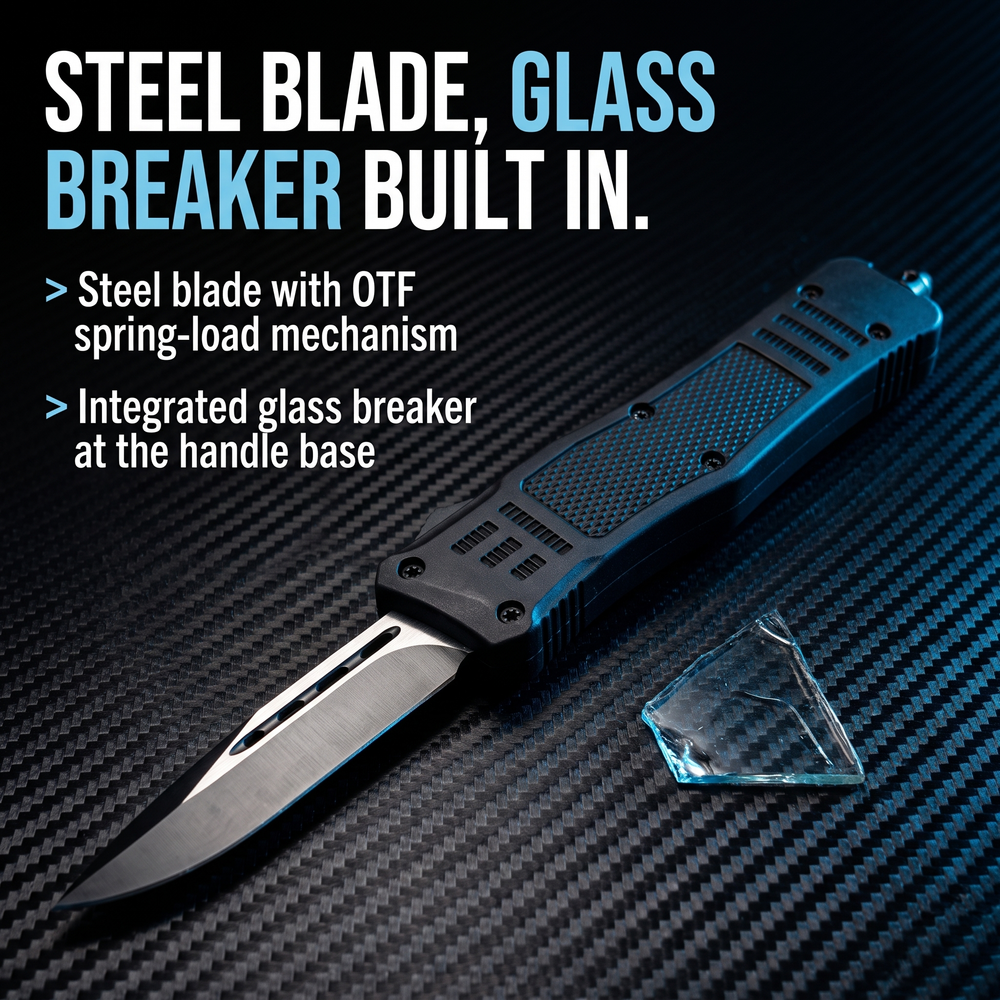 automatic-otf-steel-knife-3-25-w-glass-breaker-molle-sheath Steel Blade, Glass Breaker Built In