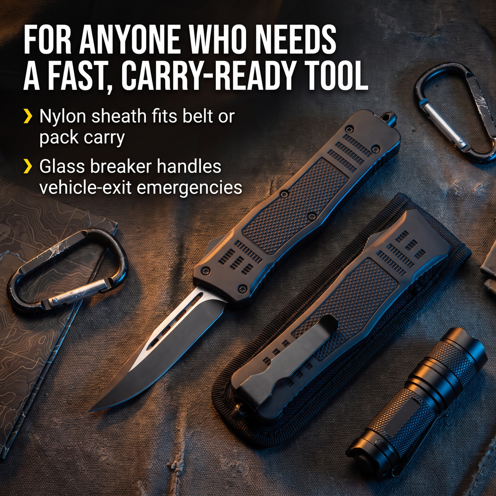 automatic-otf-steel-knife-3-25-w-glass-breaker-molle-sheath For Anyone Who Needs a Fast, Carry-Ready Tool