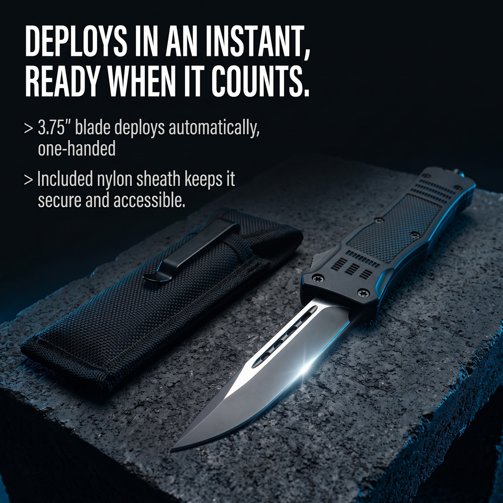 automatic-otf-steel-knife-3-75-w-glass-breaker-molle-sheath Deploys in an Instant, Ready When It Counts