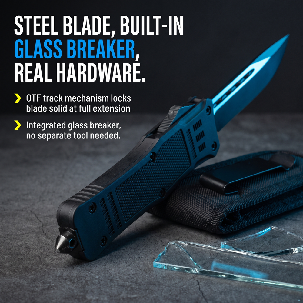 automatic-otf-steel-knife-3-75-w-glass-breaker-molle-sheath Steel Blade, Built-In Glass Breaker, Real Hardware