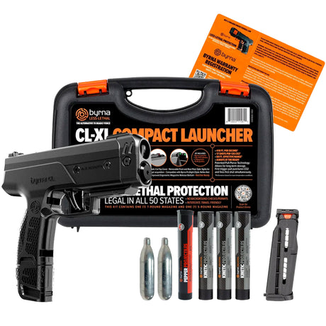 complete black byrna cl-xl kit with carrying case, instruction manual and kinetic projectiles