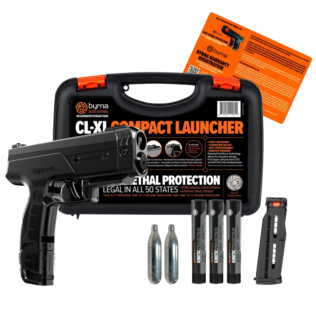 complete black byrna cl-xl kit with carrying case, instruction manual and kinetic projectiles